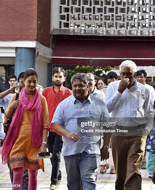 Leader Alka Lamba along with others MLAs coming out after meeting with Election Commissioner at Election Commission office on July 21, 2016 in New...