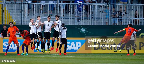 Abdelhak Nouri of Netherlands scores his team's first goal during the UEFA Under19 European Championship match between U19 Germany and U19...