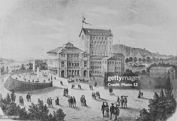 The Bayreuth Festspielhaus, opera house solely dedicated to the performance of operas by Richard Wagner. Engraving made in 1876, the year the opera...