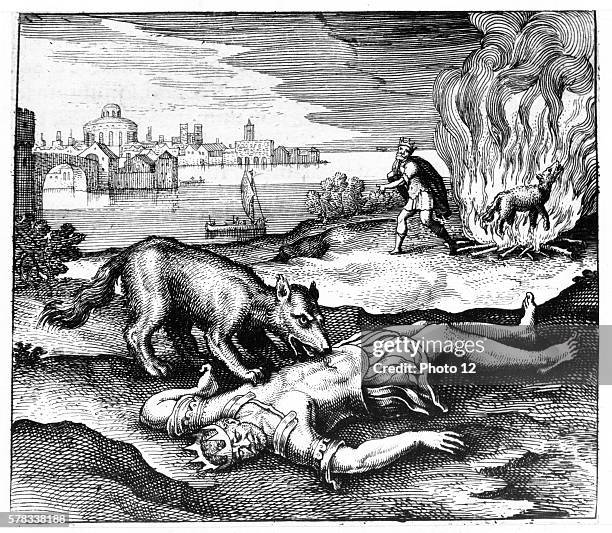 Michael Maier German school The wolf ate the King then, once burnt, the King came back to life, 1618. Engraving from 'Atalanta Fugiens' or 'Atalanta...