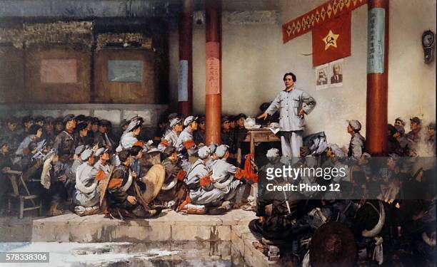 Chinese propaganda poster, Mao Zedong at the Conference of Gutian where the role of the Red Army was defined .