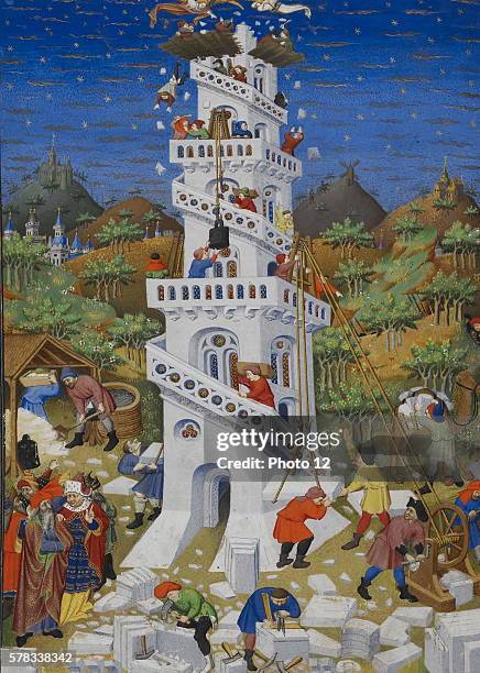 The building and destruction of the Tower of Babel. Illuminated parchment from the Book of Hours of the Duke of Bedford. Ms 18850, f. 17 v. 1423...