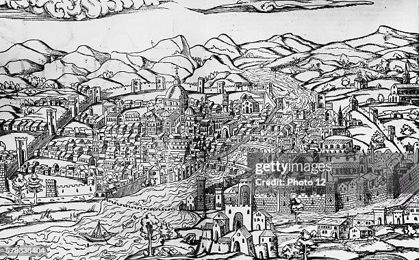 View over the city of Florence, Italy, 16th century. Engraving, Paris, Bibliotheque Nationale de France.