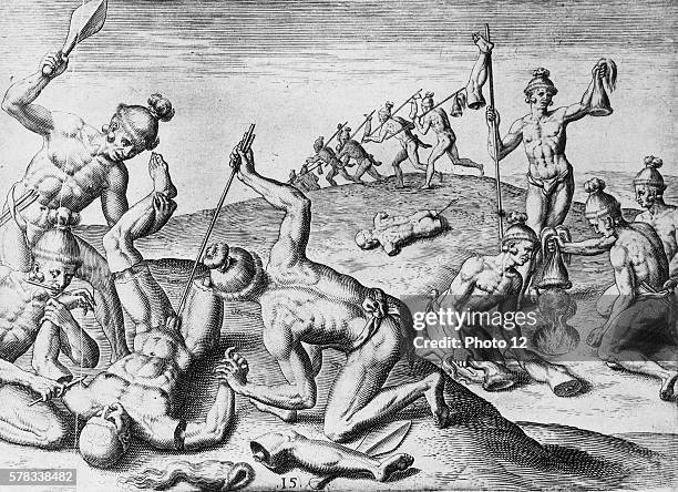 Theodore de Bry, engraver. After the drawings by Jacques Le Moyne de Morgues Scalping and mutilation of the slain enemy by Outina's soldiers:...