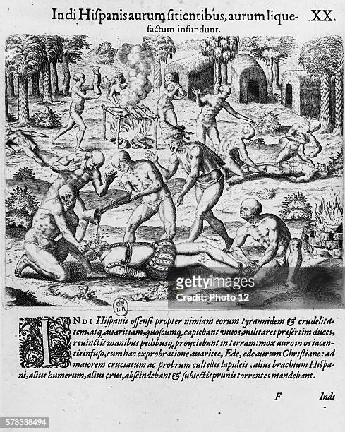 Theodore de Bry, engraver. After the drawings by Jacques Le Moyne de Morgues Members of the American Indian tribe Agua Dulce torturing and mutilating...