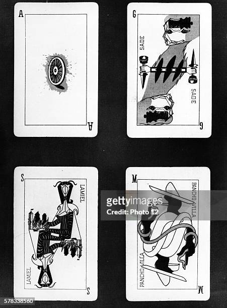 Jeu de Marseille. Four surrealist cards inspired from the Tarot game. It was created by artists from the surrealist movement such as Andre breton,...