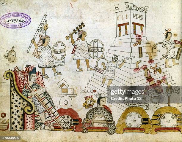 War prisoners sacrified to the Sun god. Aztec manuscript, after 1519. Paris, Bibliotheque Nationale de France.