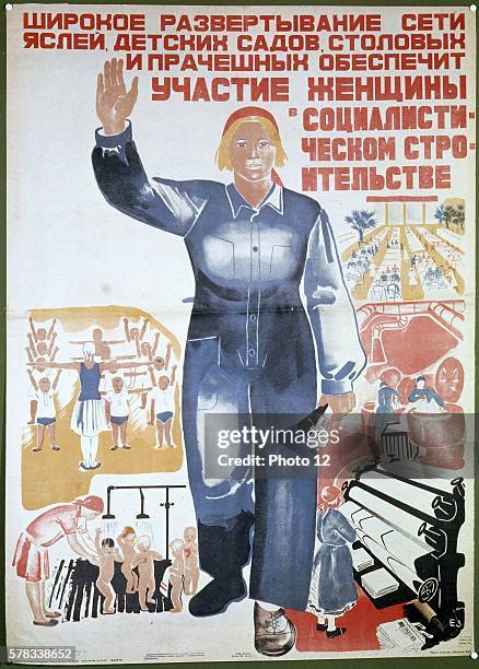 Russian poster for the development of the economy, of kindergardens and cribs, which would allow women to participate in the socialist effort.