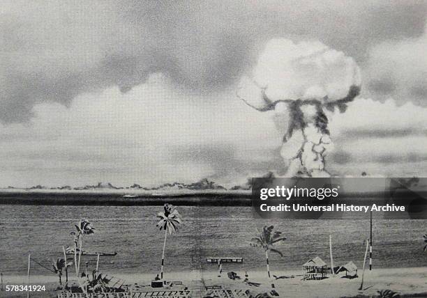 Photographic print of an atomic bomb at Bikini Atoll in Micronesia, the first underwater test. Dated 1946.