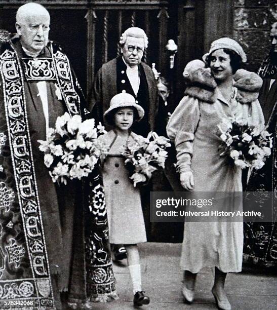 Photograph of Lady Elizabeth and Princess Elizabeth at Westminster Abbey for the distribution of the Royal Maundy. Dated 20th Century.