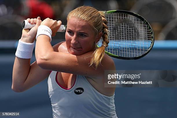Alla Kudryavtseva of Russia returns a shot to Samantha Stosur of Australia during day 1 of the Citi Open at Rock Creek Tennis Center on July 18, 2016...