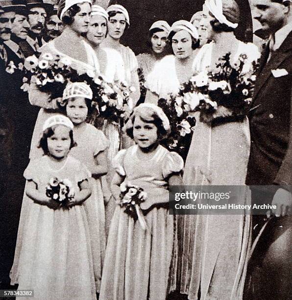 Photograph taken on the wedding day of Lady May Cambridge and Captain Henry Abel Smith a British Army officer and a Governor of Queensland. Also...