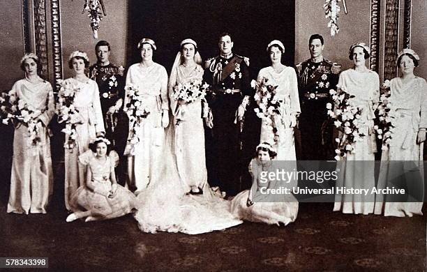Photograph of the wedding of Prince George, Duke of Kent and Princess Marina of Greece and Denmark . Also pictured is Prince Albert Frederick Arthur...