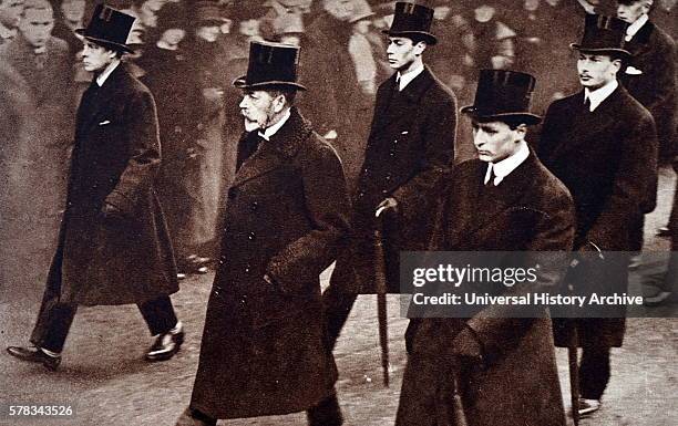Photograph of the Funeral procession for Queen Alexandra of Denmark to Westminster Abbey. Pictured: King George V , Edward, Prince of Wales , Crown...