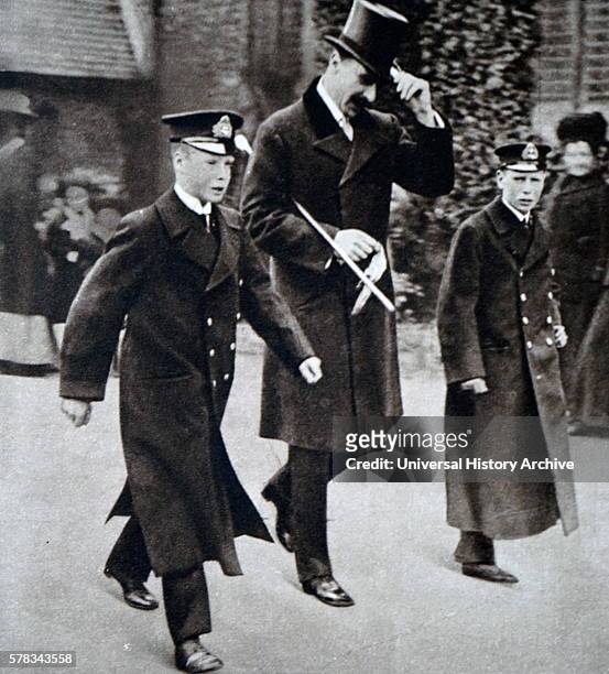 Photograph of Alexander Cambridge, 1st Earl of Athlone walking with his nephews Prince Albert Frederick Arthur George and Prince George, Duke of Kent...