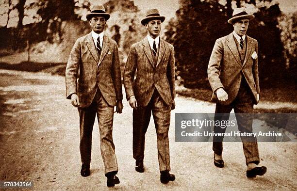 Photograph of Prince Albert Frederick Arthur George , Prince Henry, Duke of Gloucester and Commander Louis Greig walking together in Cambridge. Dated...