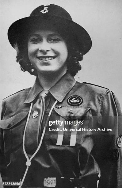 Princess Elizabeth at a Girl Guide camp at Frogmore, Windsor. Dated 20th Century.