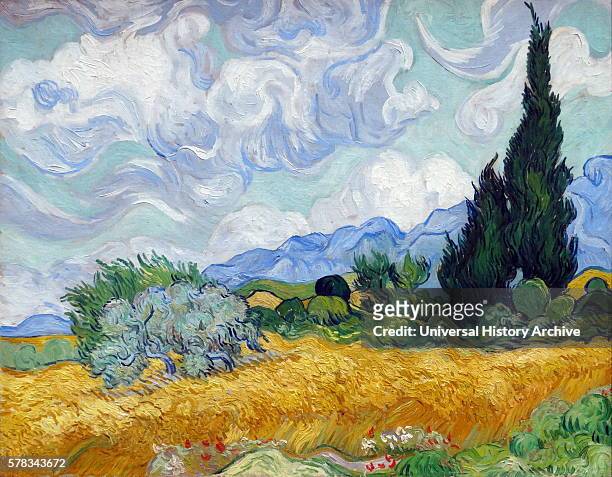 Painting titled 'A Wheatfield, with Cypresses' by Vincent Willem van Gogh a Dutch post-Impressionist painter. Dated 19th Century.