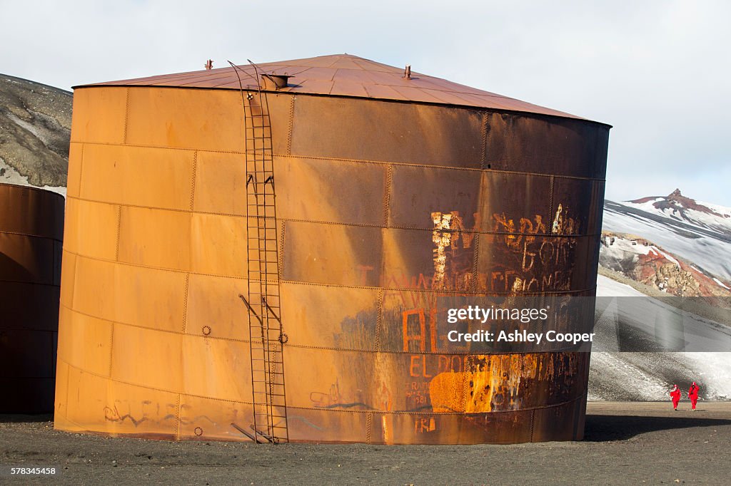 The old abandoned whaling station on Deception Island in the South Shetland Islands off the Antarctic Peninsular which is an active volcanic caldera.