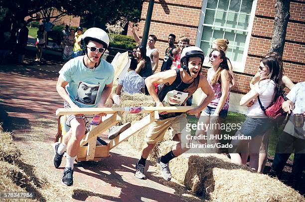 College students compete in the annual Red Bull Chariot Race at the 2016 Spring Fair, an annual festival featuring music, food, vendors, and various...