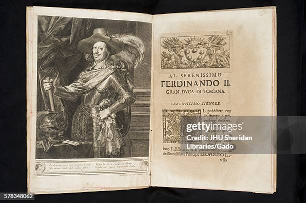 Illustration of Ferdinando II, the Grand Duke of Tuscany and a patron of the Accademia del Cimento, in a first edition copy of Saggi di Naturali...