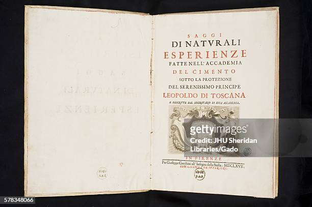 Title page of a first edition copy of Saggi di Naturali Esperienze published by the Accademia del Cimento from the Dr. Elliott and Eileen Hinkes...