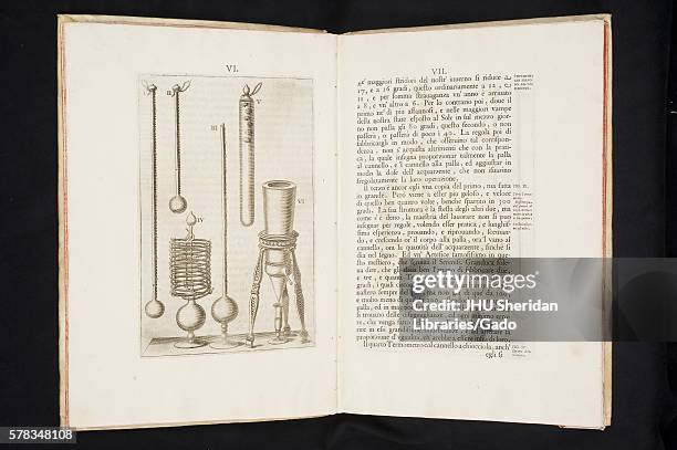 Illustration of instruments used in an important experiment on atmospheric pressure in a first edition copy of Saggi di Naturali Esperienze published...