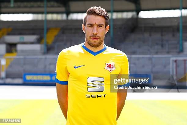 Patrick Schoenfeld poses during the official team presentation of Eintracht Braunschweig at Eintracht Stadion on July 18, 2016 in Braunschweig,...