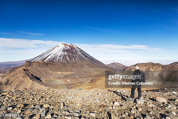 hiker looking at mt ngauruhoe volcano, tongariro - mt ngauruhoe stockfoto's en -beelden