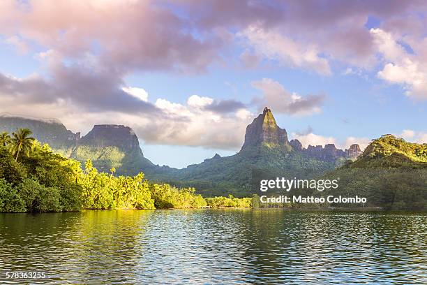 sunset over opunohu bay, moorea, polynesia - モーレア ストックフォトと画像