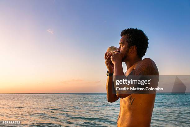 local man blowing conch shell at sunset, fiji - south pacific islands culture stock pictures, royalty-free photos & images