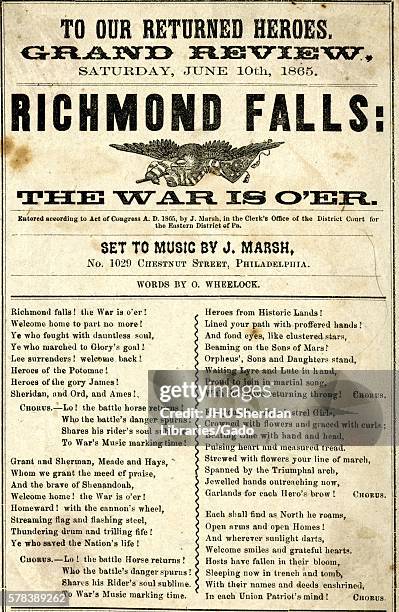 Broadside from the American Civil War entitled "Richmond Falls: The War is Over, " celebrating the end of the war and the Union Army soldiers' return...