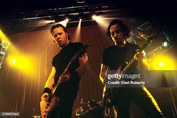 James Hetfield and Kirk Hammett of Metallica performing at Roseland in New York City on November 24, 1998.