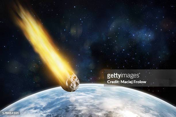 illustrazioni stock, clip art, cartoni animati e icone di tendenza di asteroid entering blue`s planet atmosphere - asteroid