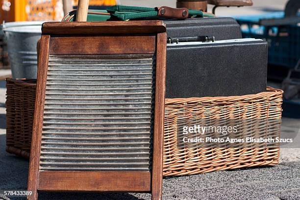 laundry washboard, briefcase and storage basket - washboard laundry stock pictures, royalty-free photos & images