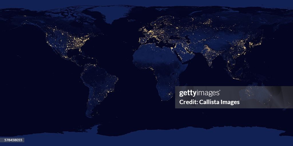 Image of Earth at night. Composite assembled from data acquired by Suomi National Polar-orbiting Partnership (Suomi NPP) satellite over nine days in April 2012 and thirteen days in October 2012