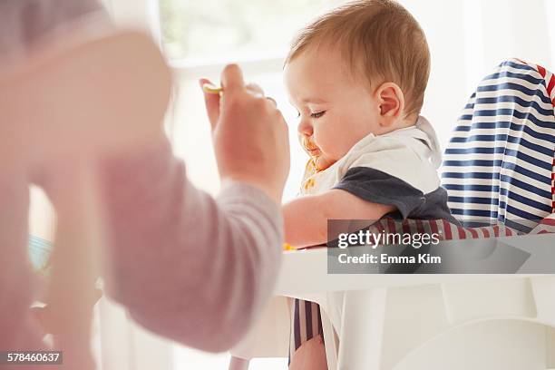 mother feeding baby boy in baby chair - adult eating no face stock pictures, royalty-free photos & images