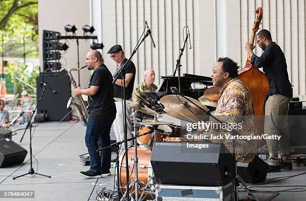 American Jazz musician Jeff 'Tain' Watts plays drums as he performs with his band, the Jeff Watts 5, on the second day of the 23rd Annual Charlie...