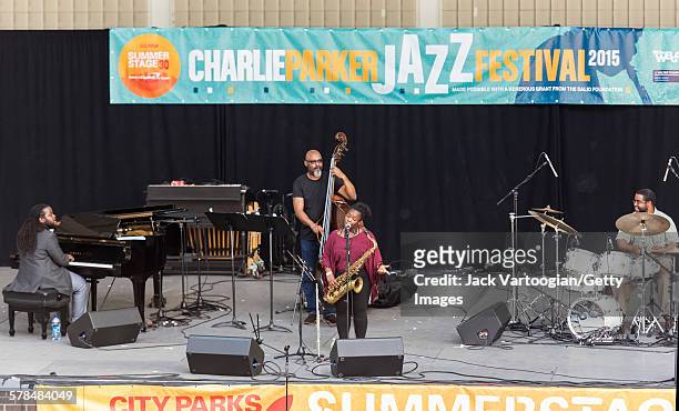 American Jazz musician Camille Thurman plays tenor saxophone as she leads her quartet on the second day of the 23rd Annual Charlie Parker Jazz...