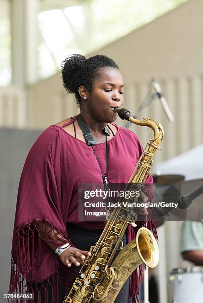 American Jazz musician Camille Thurman plays tenor saxophone as she leads her quartet on the second day of the 23rd Annual Charlie Parker Jazz...