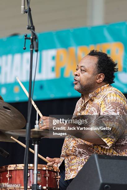 American Jazz musici Jeff 'Tain' Watts plays drums with his band, the Jeff Watts 5, on the second day of the 23rd Annual Charlie Parker Jazz Festival...