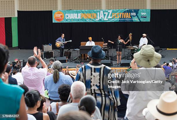 American musician and bandleader Dr Lonnie Smith plays Hammond B3 organ on the second day of the 23rd Annual Charlie Parker Jazz Festival in the...