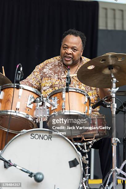 American Jazz musici Jeff 'Tain' Watts plays drums with his band, the Jeff Watts 5, on the second day of the 23rd Annual Charlie Parker Jazz Festival...