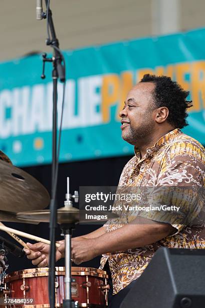 American Jazz musici Jeff 'Tain' Watts plays drums with his band, the Jeff Watts 5, on the second day of the 23rd Annual Charlie Parker Jazz Festival...