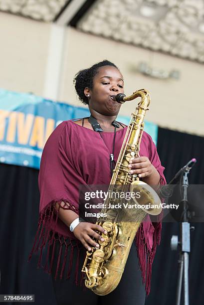 American Jazz musician Camille Thurman plays tenor saxophone as she leads her quartet on the second day of the 23rd Annual Charlie Parker Jazz...