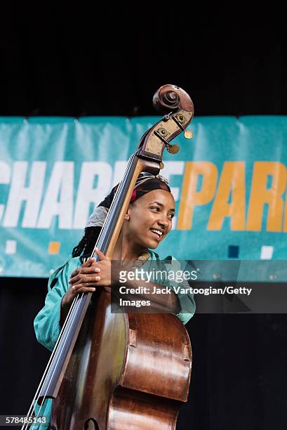 American Jazz musician Esperanza Spalding plays upright acoustic bass with the Joe Lovano Quartet on the third and final day of the 23rd Annual...
