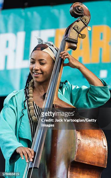 American Jazz musician Esperanza Spalding plays upright acoustic bass with the Joe Lovano Quartet on the third and final day of the 23rd Annual...