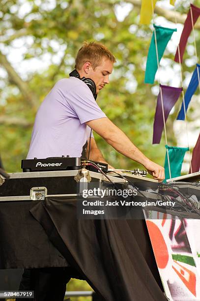 American DJ Diplo performs on turntables at Central Park SummerStage, New York, New York, August 7, 2005.