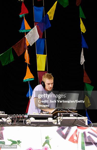 American DJ Diplo performs on turntables at Central Park SummerStage, New York, New York, August 7, 2005.