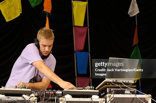 American DJ Diplo performs on turntables at Central Park SummerStage, New York, New York, August 7, 2005.